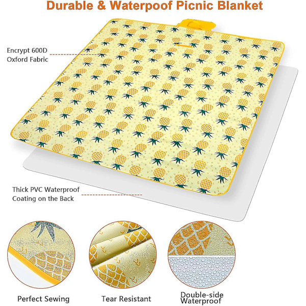 Foldbar piknikteppe - 150 x 200 cm vanntett strandmatte (ananas)