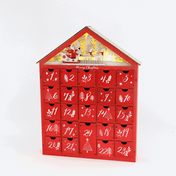 Stor återanvändbar träadventskalender med belysning och 24 lådor