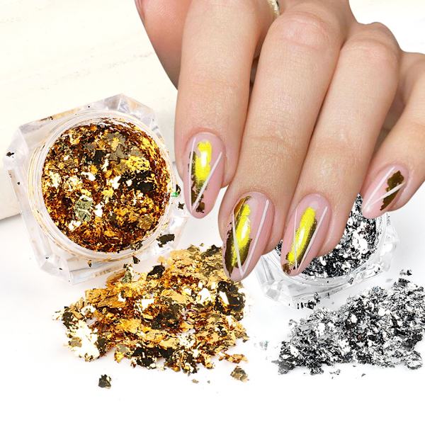 Silver och guld nagelglitter nagelfolie holografiskt glitter nagelpulver kit