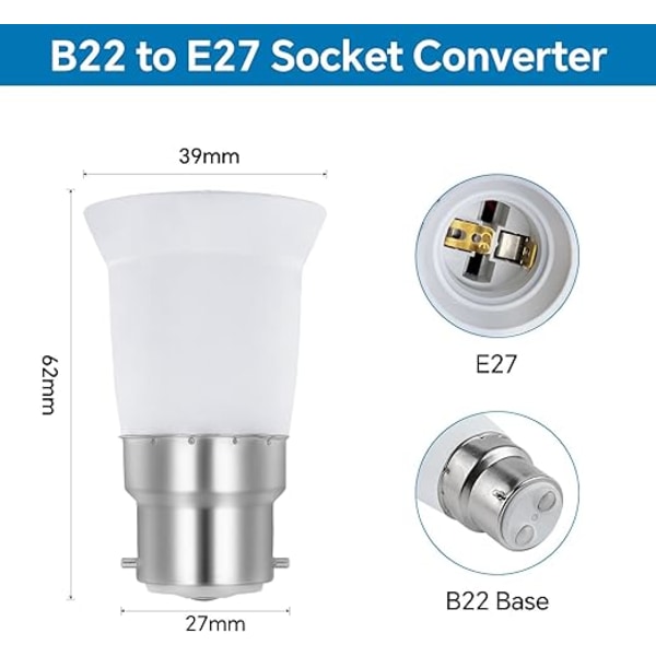 B22 till E27 Sockeladapter, B22 till E27 Bajonett Sockel Konverter för LED Glödlampa Halogen Sockel Bas Adapter, 6 Stycken