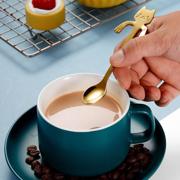 2 stk Katt Koffeeskje Katt Teskje Dessertsskje Rustfritt Stål Katt Henge Design Te Melk Kaffe Dessert Drikk Milkshake (Gull, Sølv)