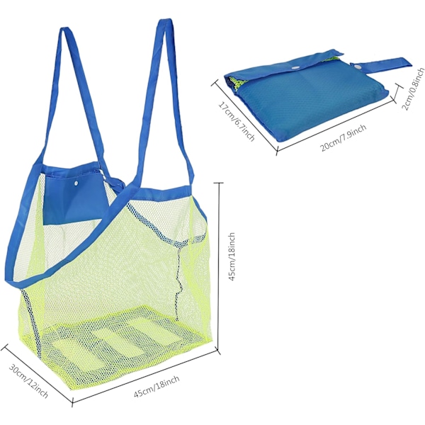 Mesh Strandveske Stor Brettbar Nettveske for Barne Strandleketøy Oppbevaring Mesh Organizer Perfekt for Svømming Strand Reise Grønn & Blå 2 Deler