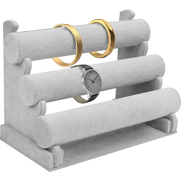 3-etagers grå fløjlsarmbåndsdisplay - L30 x B17 x H23 cm - Armbåndsholder med aftagelige stænger - Urstand, armbånd, ankelkæde, scrunchie, pandebånd