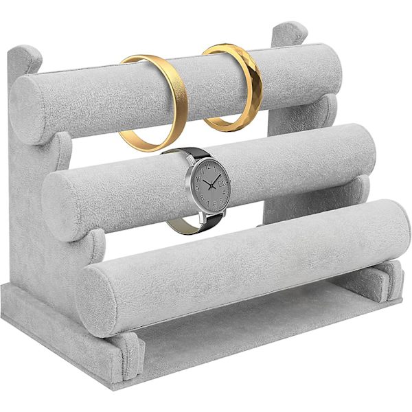 3-vånings grå sammetsarmbandspresentation - L30 X B17 X H23cm - Armbandsställ med avtagbara stänger - Klockställ, armband, fotlänk, scrunchie, pannband