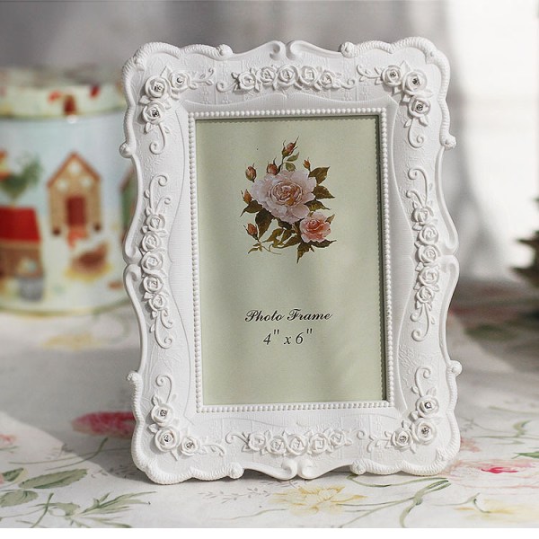 Hvit floral teksturert håndlaget harpiks bilderamme for bordplate og vegg