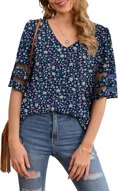 Dame V-hals Chiffon Bluse Mesh Panel Bluse 3/4 Klokkeærme Løs Top S