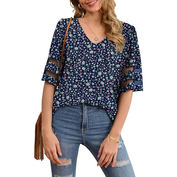 Kvinnors V-ringad chiffongblus Mesh Panel Blus 3/4 Bell Sleeve Lös Topp S