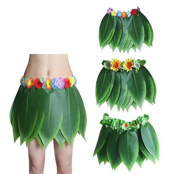 Blad Hula Skørt Græs Skørt Med Kunstige Hibiscus Blomster Til Hula Kostume Og Strandfest