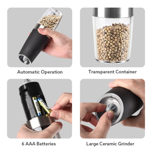 2 stk. Krydderikværn Elektrisk Gravity-sensor Spice Grinders Sort