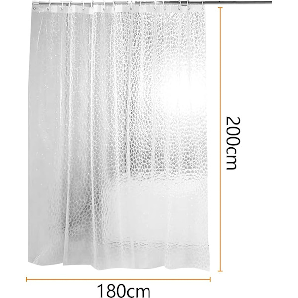 Anti-meldug bruseforhæng 180 x 200 cm, 3D semi-transparent EVA vaskbare bruseforhæng med 12 kroge, vandtæt antibakteriel hurtigtørrende, compa