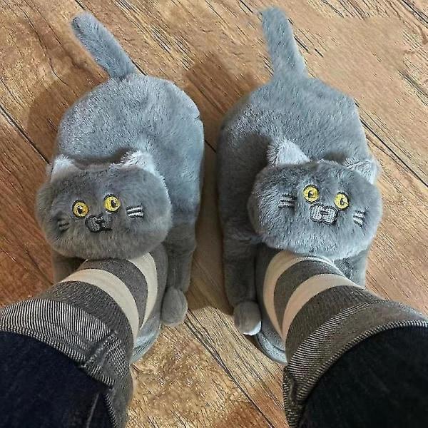 Plysch katttofflor för kvinnor, partofflor, mjuka halkfria blå grå