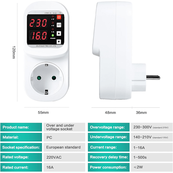 Stikkontakt med automatisk spændings- og strømsikring, justerbar over-/underspænding og strømbegrænsning, voltmeter AC220V 16A (EU-standard dobbelt stik)