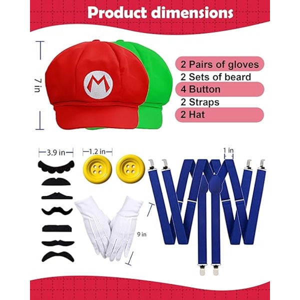 Super Bros Mary & Luigi Hat Kostume til Voksne Uisex Cap Handsker F