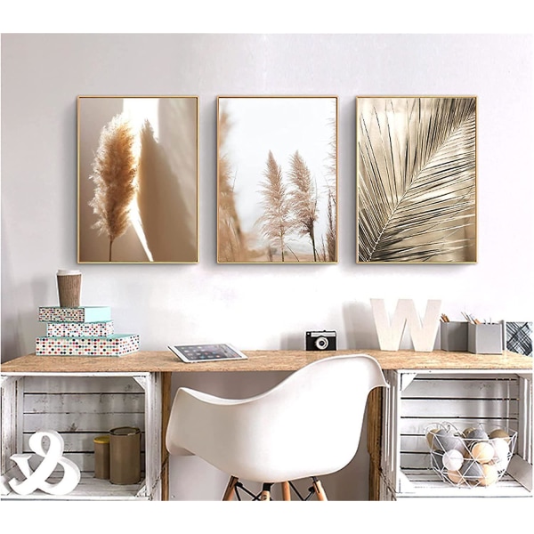 Set av 3 Premium Posters Set, Beige, Pampas Grass, Modern Pictures Decorati