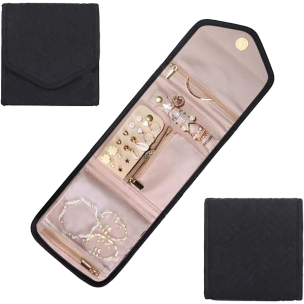 Foldbar smykkerullpose Reise Smykkeorganisator Rull Smykkeveske for øredobber Ringer Halskjeder Armbånd (Svart)