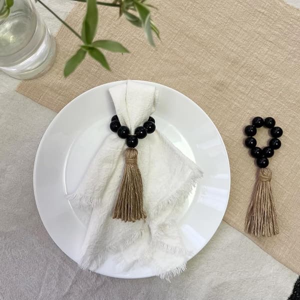 Serviettringar, Set om 6, Träserviettringar, Elastiska Träpärlor Serviettringar med Kvast, Boho Serviettringar