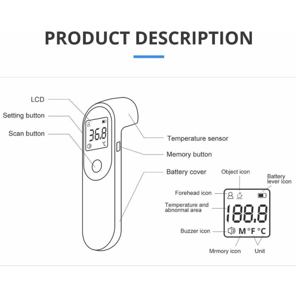 Infrarød pandetermometer, berøringsfri medicinsk termometer, digitalt termometer med LED-display, feberalarm og hukommelsesfunktion til barn, baby, voksen