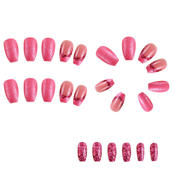 French Tip Press Nails Medium Square Fake Nails Glossy Pink Acryl