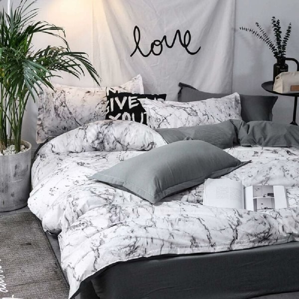 3-delt sengetøjssæt hvid marmorlook kulgrå marmormønster kul