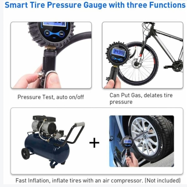 Digitalt dæktryksmåler 200 PSI, højpræcist digitalt dæktryksmåler med oppumpningspistol til bil, motorcykel, cykler, LCD-display
