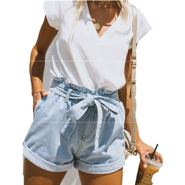 Naisten rento korkeavyötäröiset vyölliset joustavat vyötäröllä rullahelmaiset denim-shortsit