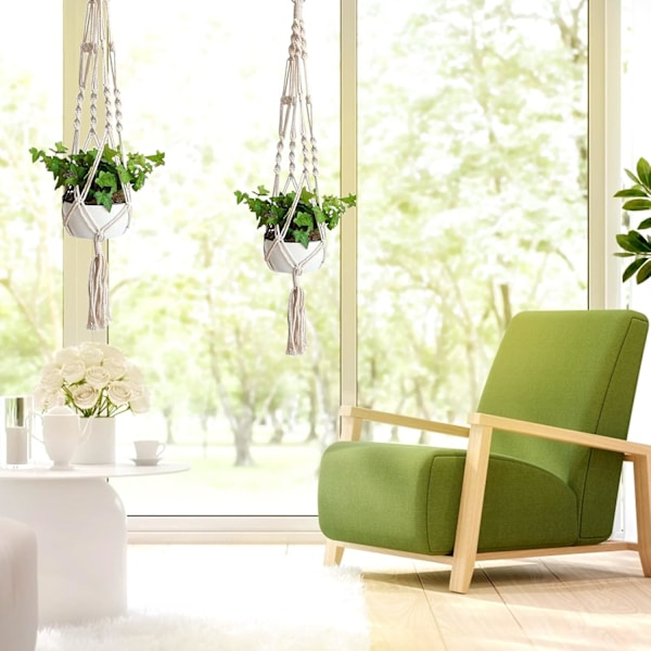 2 stycken Makramé Växthängare, Makramé Blomhängande Bomullsrepskorg kompatibel Väggblomkrukor kompatibel Heminredning, Kontors Trädgårdsarbete 4 L
