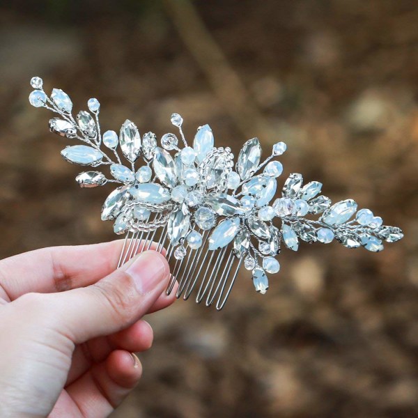 Bryllupshårkam Sølv Rhinestones Opal Krystall Vintage Brudesmykker