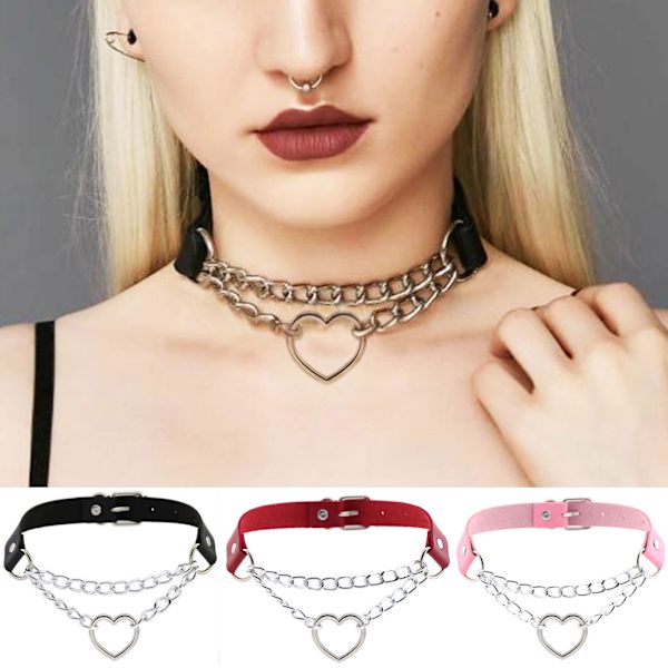 Choker Heart Collar MUSTA PU Nahkainen Kaulakoru Goth Valjaat Musta