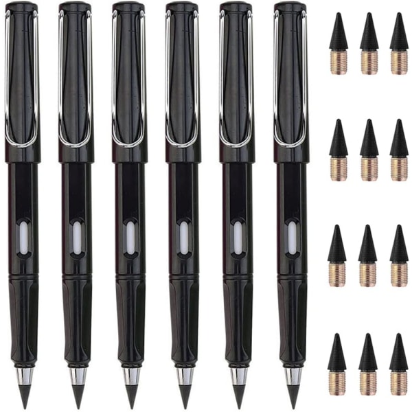 Evig penna, paket med 6 svart bläckfri penna med utbytbar spets