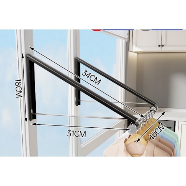 Innfellbar Klesstativ - Veggmontert Folding Klesstativ for Vaskerom Skap Oppbevaring, Aluminium, 2 Kurver med 40 cm Stang (Svart)