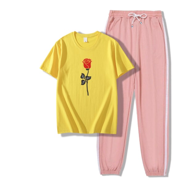 Kvinders Sommer Fast Fashion Rundhals Rose Print Suit, GUL, XL