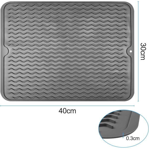 Silikon Opvaskestativ Måtte, 40cm x 30cm Absorberende Køkken Opvaskemåtte, Opvaskestativ Måtte til Køkkenvask, Varmebestandig og Skridsikker (Mørkegrå)