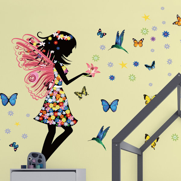 1 st Butterfly Girl Väggklistermärke Blomfe Väggdekal Färgglad Fjäril