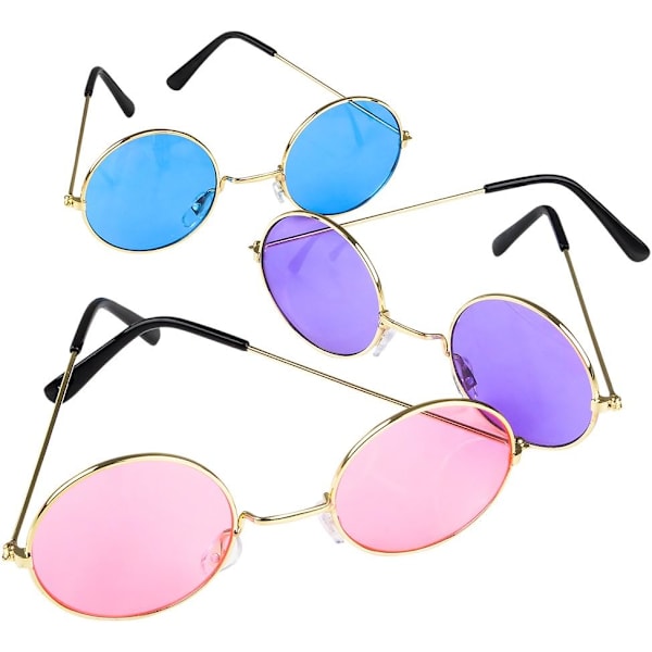 3 stk runde solbriller med fargede glass - rosa, blå, lilla