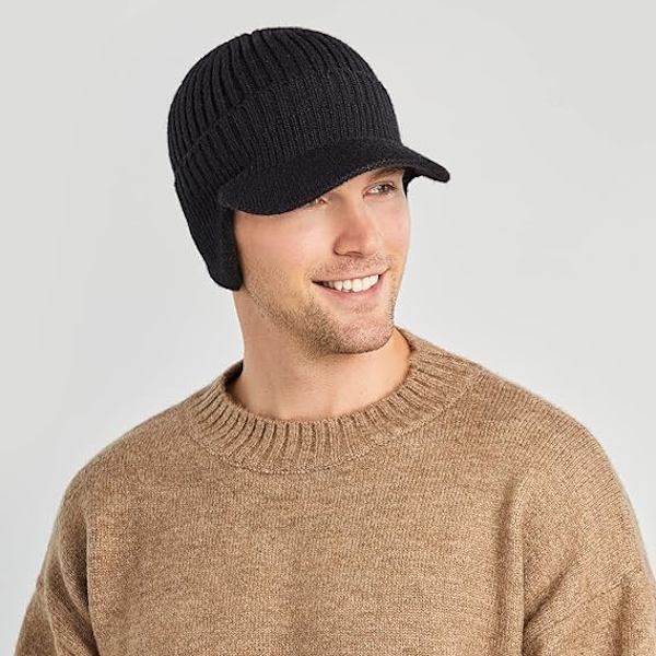 Vinterkeps för män, varm öronlappsmössa, stickad fleece-basebollkeps