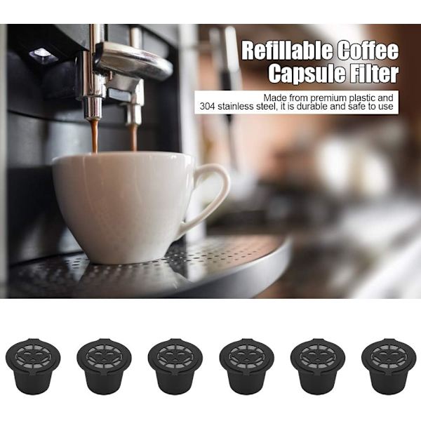6 stk. genopfyldningsbare kaffekapselfiltre i plast og rustfrit stål