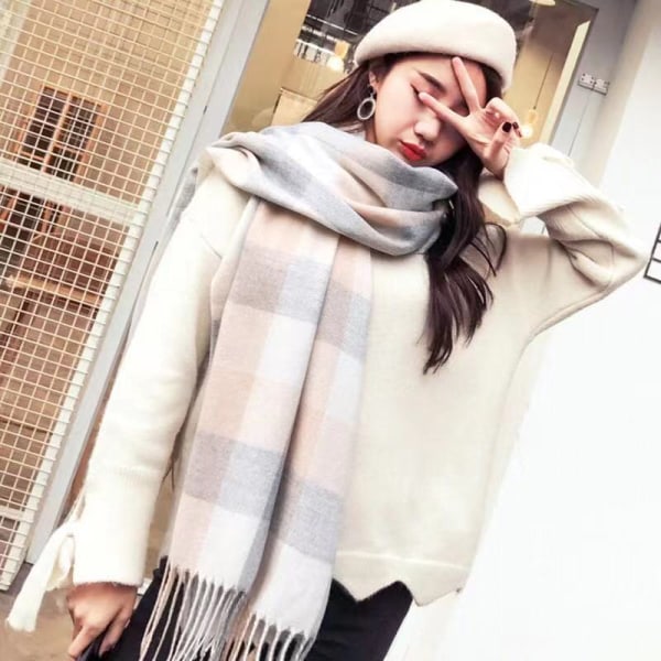 Vintervit Tartan Scarf - Damrutig Pläd Filt Scarves Varma Check Wraps Brittisk Stil Dam Ull Spinning Tassel Sjal Stole Scarfs Storbritannien，60*200CM