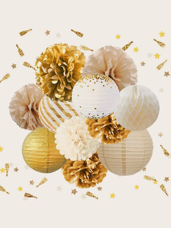 Festdekorationssæt Lanterner Blomster Pom Pom med Guld 3D Sommerfuglesticker