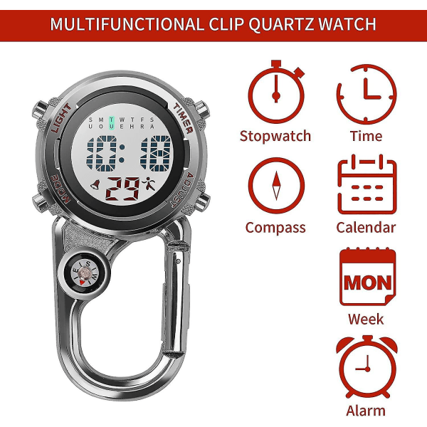 Digital Clip On Quartz Watch, Multifunctional Watch With Compass, Silver, 1