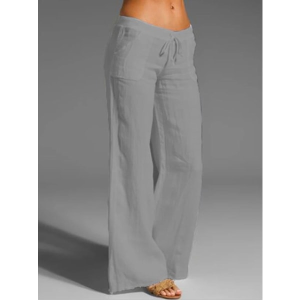 1stk bomullslinbukser for kvinner med brede ben Baggy uformelle elastiske midjebukser