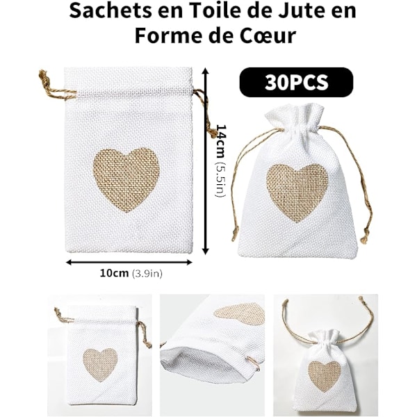 30 stk Juteposer 10x14cm Hjertemønster Juteposer Sett med små poser med snor for å holde godteri smykker gaveboks dragee for bryllup dåp fødsel