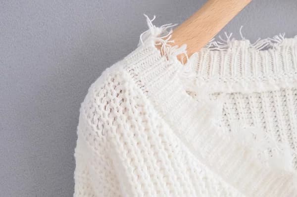 Kvinnors V-hals Lös Stickad Tröja Långärmad Ripped Jumper Pullover Cro