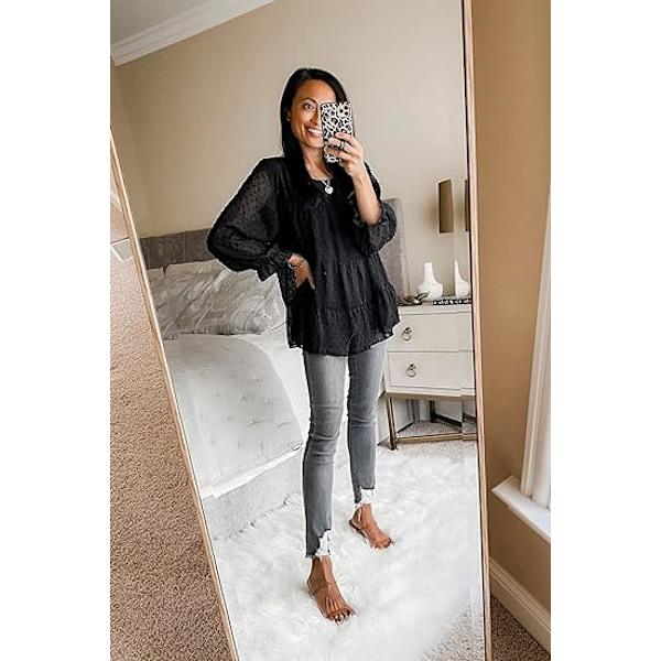 Dam sommar lös chiffong blus mesh långärmad casual rund hals peplum