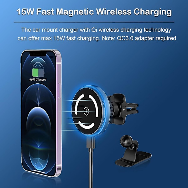 MagSafe Billaddare, 15W Snabbladdning Trådlös Billaddare, Luftventil/Instrumentbräda Magnetisk Telefonhållare kompatibel iPhone 15 Pro Plus Max
