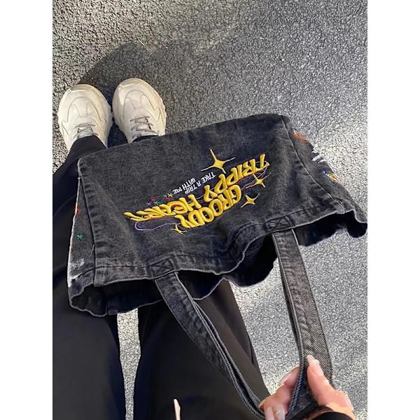 Crossbody tasker til kvinder, casual denim tasker, broderi, dame skuldertaske, pakke, rejse, lynlås, håndtaske, tote, dametaske, messenger taske, sort