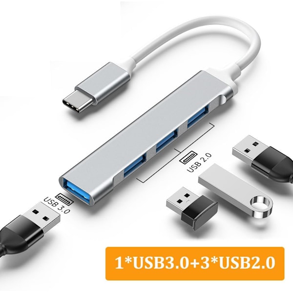 USB C Hub 4 Porte, USB C til USB Hub, USB C Splitter, USB C Splitter til USB 3.0 Hub, Kompatibel med Mac Pro, iPad Pro, Chromebook, Pixelbook, Surface