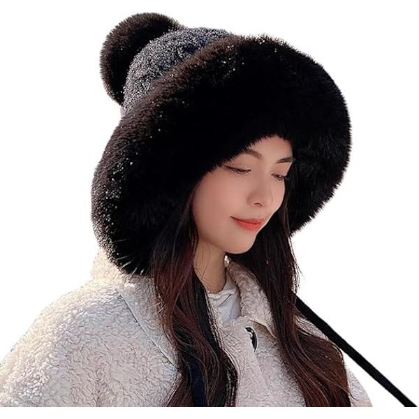 Vinterstrikket Fleeceforet Beanie Varmt Hue med Øreklapper, Pom Poms til Kvinder