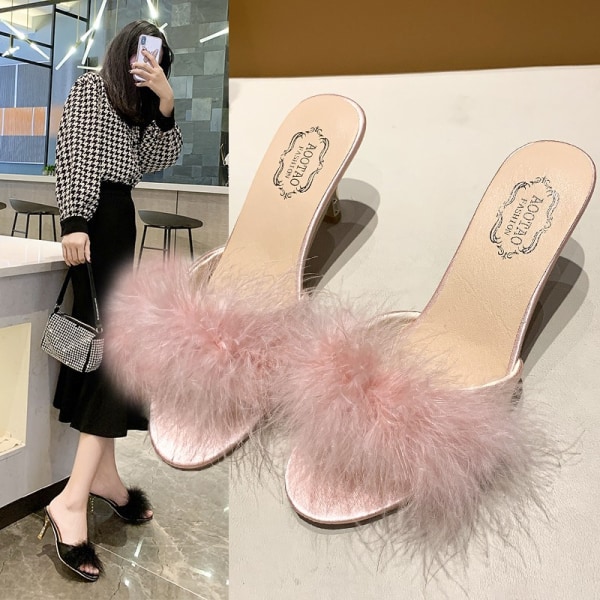 Damtofflor Kitten Heels Fuzzytofflor Mules Slide Sandal