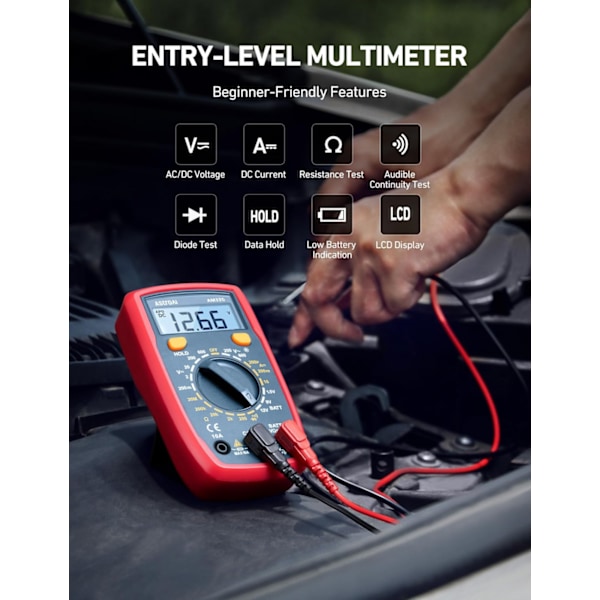 Digital Multimeter Tester 2000 Tællinger med DC AC Voltmeter og Ohm Volt Amp Meter; Måler Spænding, Strøm, Modstand, Kontinuitet og Diode, Blå