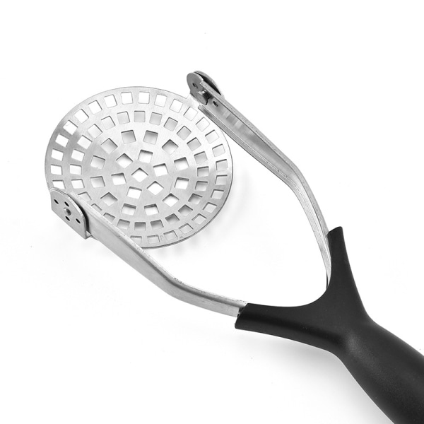 Potato masher with non-slip heat-resistant handle and large round platen fo